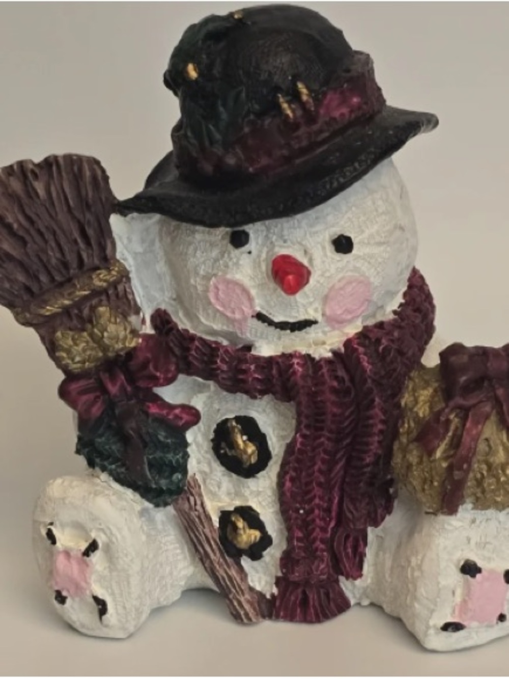 Holiday Snowman Figurine with Burgundy Scarf and Black Hat